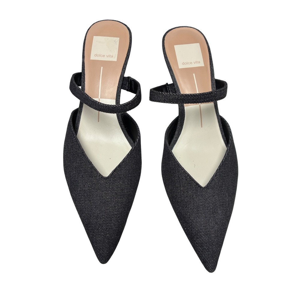 Dolce Vita Kanika Mid Heel Sandals Carbon Denim Pointed Toe Mules Size 6